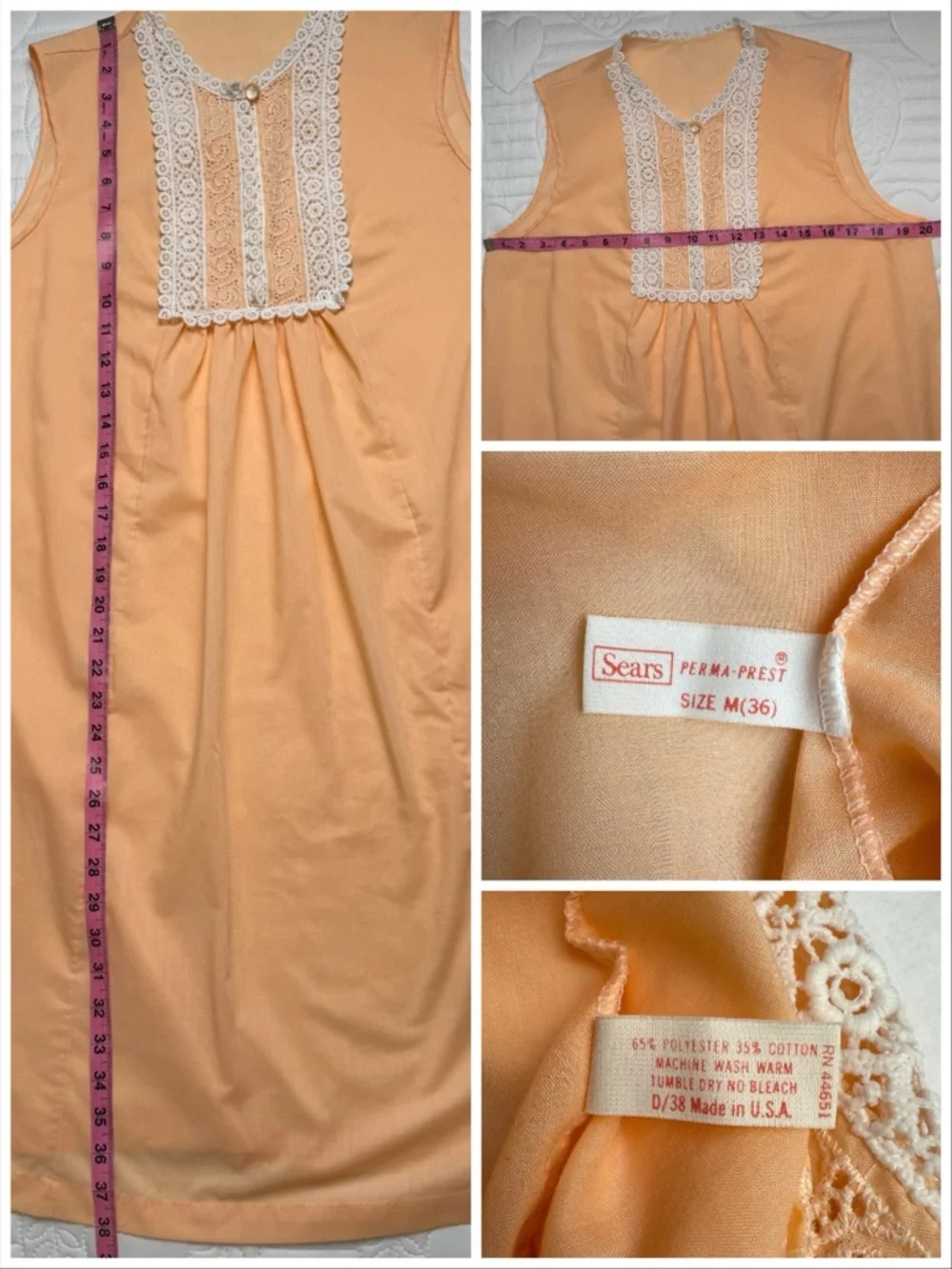 Sears Nightgown Vintage Peach Perma-Prest Eyelet Lace Nightie Medium 36 - Picture 9 of 9
